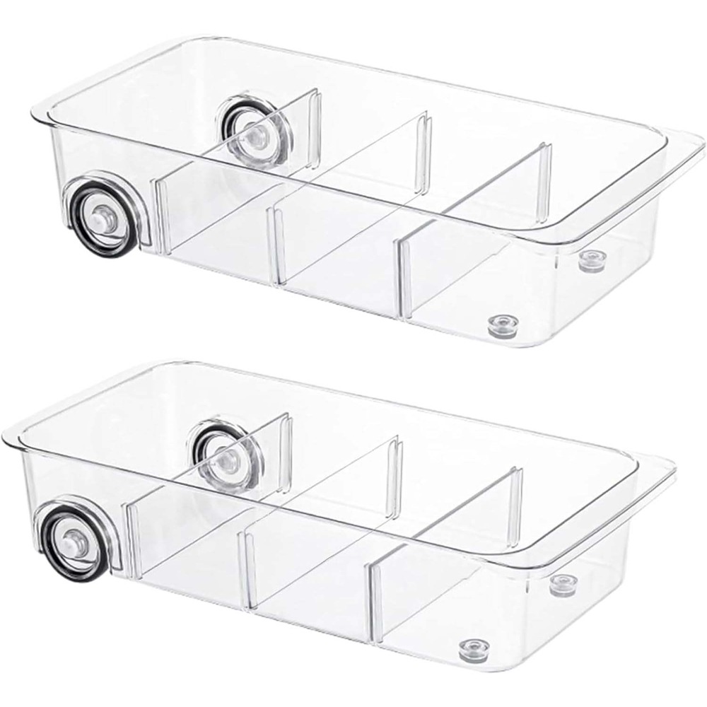 Set of 2 Clear Rolling Fridge Cabinet Organizer Bins with Adjustable Dividers
